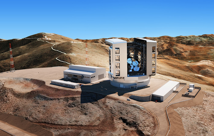 Graphic showing proposed GMTO telescope set-up in Chile’s Atacama Desert.