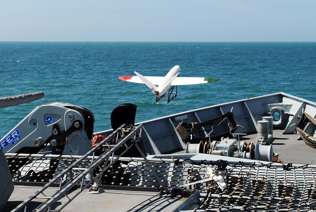 Take-off: the UAV is catapult-launched from HMS Mersey.