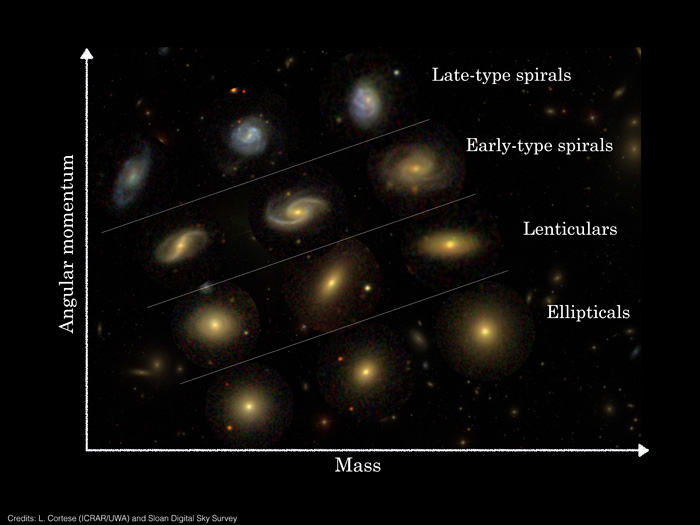 Position of Hubble sequence galaxy types in mass-angular momentum 2D classification.