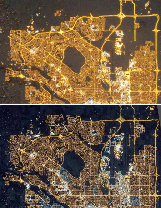 Calgary, AB. Above in 2010 (orange sodium lamps); below in 2015 (white LED lamps). 
