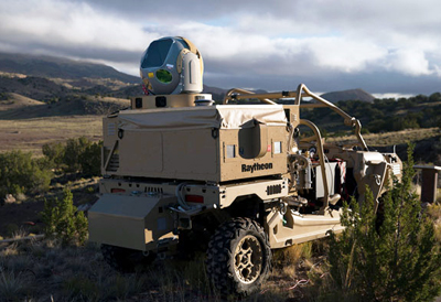 On maneuvers: Raytheon's anti-drone mobile high energy laser system.
