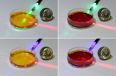 Phenol red indicator solution changes color depending on acidity. Click for info.