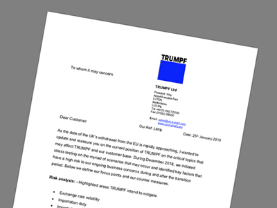 Warning: Trumpf has written to customers about its Brexit preparations.