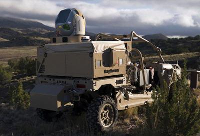 On patrol: Raytheon's mobile high energy laser looks out into a wide-open sky. 
