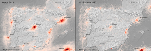 Aire más fresco: Nitrogen dioxide levels over Spain, before (left) and after lockdown (right).