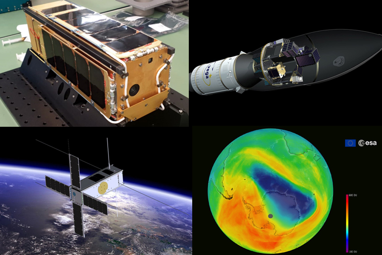 Artist’s impressions: from top left, PICASSO prepared for integration; Vega VV16 with SSMS and SAT-AIS pillars; ozone hole over Antarctica; Cubesat in orbit. 