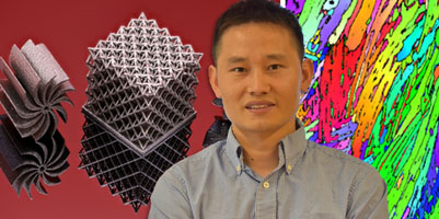 Wen Chen with images of 3D printed high-entropy alloy components.