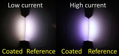 When dimmed (left) the coated LEDs emit a 