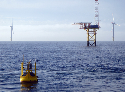 In the North Sea, wind measurement buoy with sophisticated, precise measurement technology.