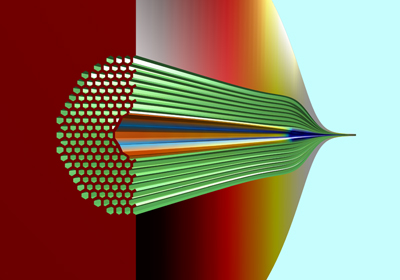 Cut-away of hollow core photonic bandgap fiber, generated by fluid dynamics simulation. 