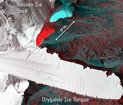 Sentinel 1A image: the birth of two icebergs in April 2016.
