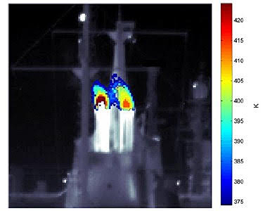 Hyperspectral remote imaging of a ship's exhaust plume.