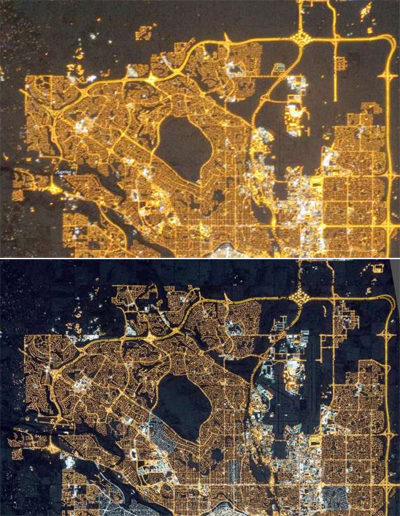 Calgary, AB. Above in 2010 (orange sodium lamps); below in 2015 (white LED lamps). 