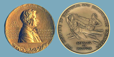 For techical achievement: the IEEE Edison Medal's obverse and reverse.