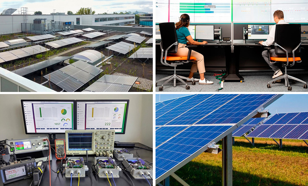 From top left: PV system on the roof of the Elbfabrik, Fraunhofer IFF’s research factory; Control center at the Elbfabrik; Sensor systems developed in the ZeroDefect4PV project; Solar farm. Credits: (1) © Fraunhofer IFF/Anne Bornkessel (2) © Andreas Lander; (3) © Fraunhofer IFF; (4) ZeroDefect4PV project.