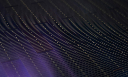 Perovskite&ndash;silicon solar cells cut into strips and arranged in a brickwork pattern to enable matrix shingling interconnection. &copy; Fraunhofer ISE / photo: Jacob Forster.