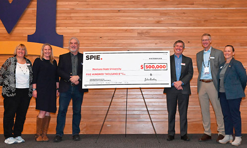 (L-R) Julie Bentley, 2026 SPIE President & Kingslake Chair of Optical Engineering at Univ. of Rochester; Christine Foreman, Dean, Norm Asbjornson College of Engineering; Joseph Shaw, MSU OpTeC Director & Distinguished Professor; Kent Rochford, SPIE CEO; David Dickensheets, MSU ECE Dept. Head & Distinguished Professor; Alison Harmon, MSU VP Research & Economic Development. Photo: SPIE.