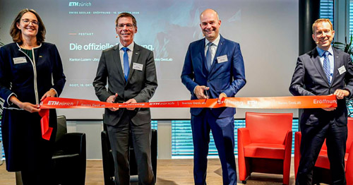 Opening of the ETH Swiss GeoLab in Lucerne. L-R: GeoLab Director Verena Griess, ETH President Joel Mesot, Lucerne Cantonal Councillor Fabian Peter and Geolab Managing Director Felix Seidel.&nbsp;Photo: ETH Zurich.