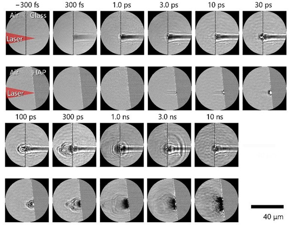 Single-shot image sequences show how glass (top) and hydroxyapatite (HAP), a component of bone and teeth (bottom), respond after irradiation with an ultrashort laser pulse. &copy; Keitaro Shimada et al./University of Tokyo.