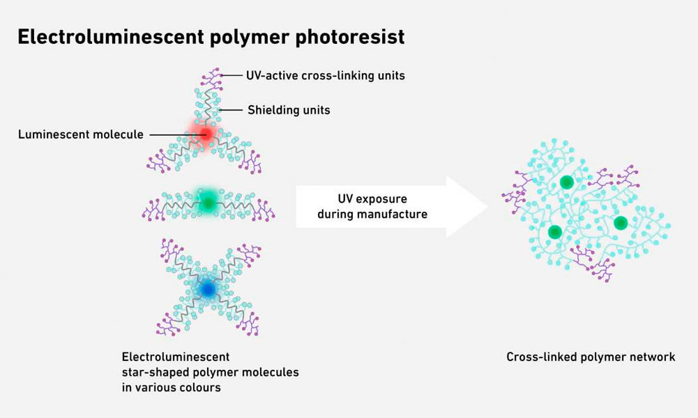 Upon exposure to UV light, individual molecular complexes form a cross-linked polymer network, from which the individual image pixels are composed.&nbsp;Graphic adapted from Lo SW et al. Nature 2026.)