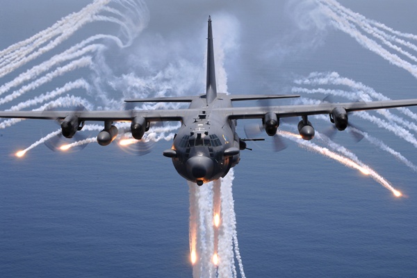 A military aircraft deploying non-laser infrared countermeasures (IRCM). Modern warfighter systems use optoelectronic systems in place of the flares seen here, and appear likely to use high-reliability QC lasers in the future. Credit: US Air Force.