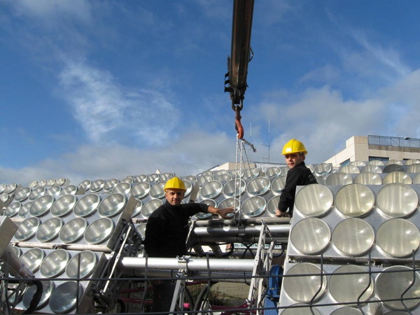 Solergy uses high-precision trackers to maintain the concentrated beam's position on the high-efficiency triple-junction cells that convert sunlight into electrical energy. The company's first large system is to be built at an airport in Sicily, and should provide a peak power of 100kW once completed next year. Credit: Solergy.