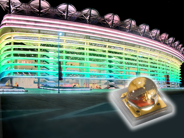 Colored OSLON LEDs produced by Germany-based LED maker Osram Opto Semiconductors light up the main stadium being used at the Guangzhou Asian Games, which are being held in China until November 27. China is increasingly set to become the center of the LED manufacturing industry, and predicted by IMS Researach as the top-ranking producer by early 2012. Credit: Osram OS.