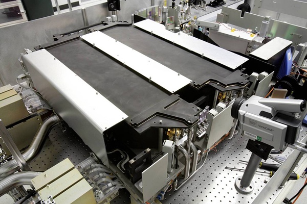 The Joint High Power Solid State Laser (JHPSSL), under development at Northrop Grumman's facility in Redondo Beach, California. The 100kW system is being prepared for integration within the US Army's Solid State Laser Testbed Experiment. Credit: NGC.