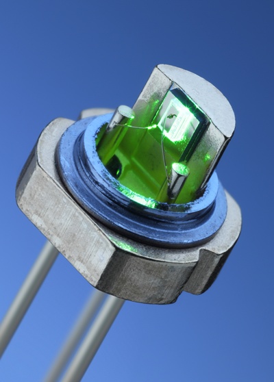 Osram's green laser diode: different semiconductor material systems have been used to produce green laser diodes, but at the moment the gallium nitride version is the most commercially advanced. Credit: Osram OS.