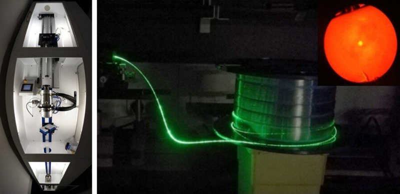 The researchers used a 3D printing method known as direct-light projection (DLP) to make silica fiber preforms. They fabricated preforms for a a structured preform. These preforms were then placed in a draw tower (left) to make the final optical fiber (right). The orange inset shows a cross section of a step index fiber. Credit: John Canning, University of Technology in Sydney.