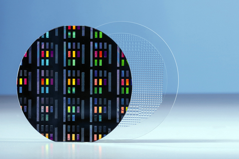 Wafer-level nanoimprint lithography (left) and lens molding (right) enable small-form-factor and high-resolution optical sensors for applications such as 3D sensing. Image courtesy of DELO.