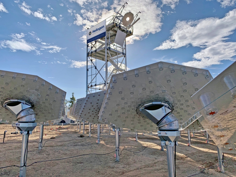 Heliogen's concentrating solar facility in Lancaster, California, where the company claims to have generated temperatures of more than 1000&deg;C with sunlight alone. If the approach proves practical and affordable for industrial use, its proponents believe that it could dramatically reduce carbon emissions associated with cement production. Photo: Heliogen.