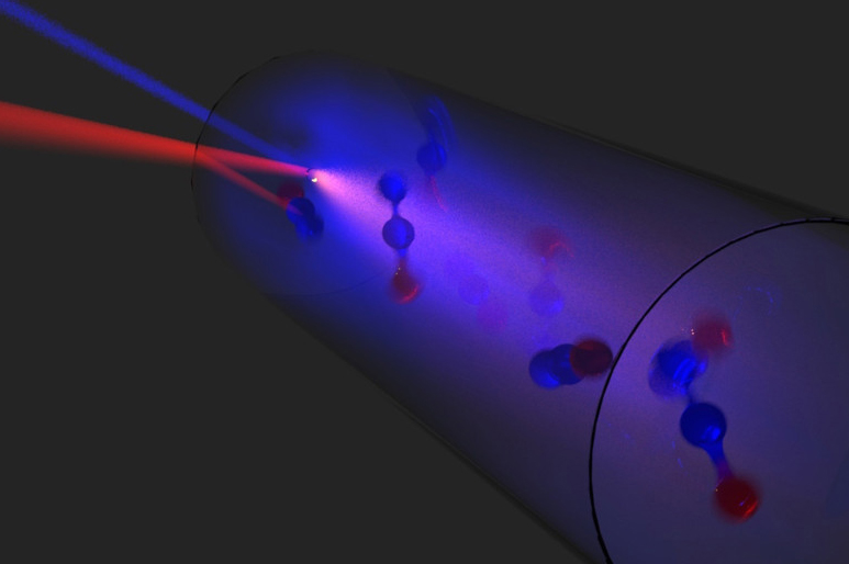 Artistic view of the QCL-pumped terahertz laser, showing the QCL beam (red) and the THz beam (blue) along with rotating N2O (nitrous oxide) molecules inside the cavity.