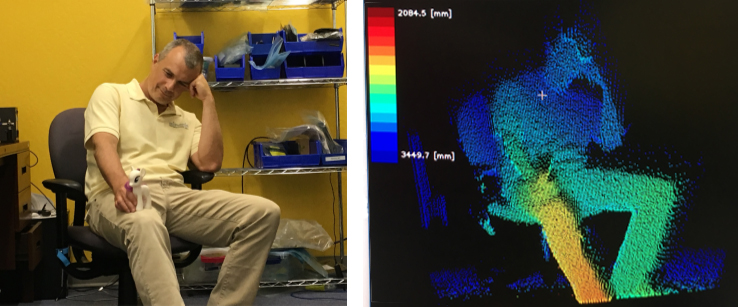 Mirrorcle Technologies CEO Veljko Milanovic, captured in a photo and an acquired point cloud. The company says that this illustrates the high resolution and precision of the sensor, and the software's ability to subtract background points and show only data of interest. Image: Mirrorcle Technologies.
