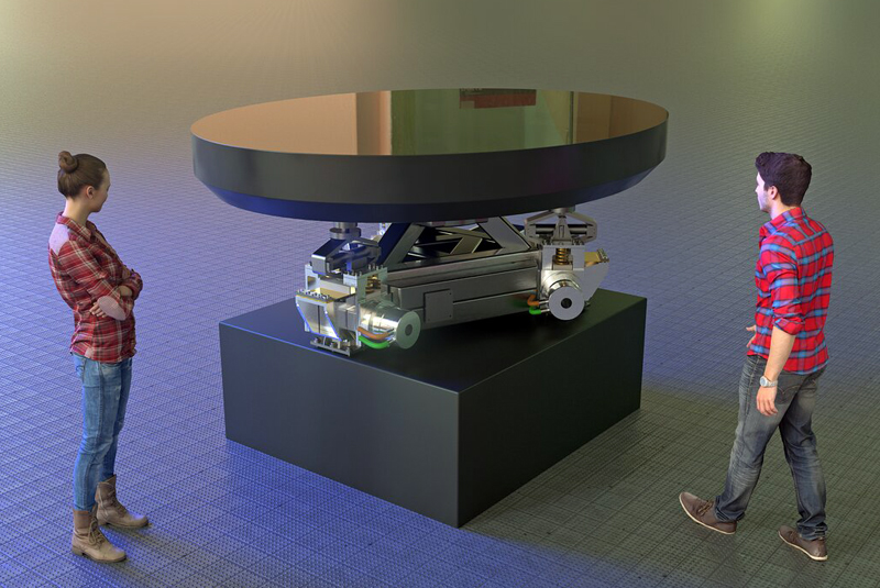 On reflection: Artist's rendering of the M5 mirror and cell support structure that will be used on ESO's Extremely Large Telescope (ELT). Designed and manufactured by SENER Aerospacial , the support cell structure will have critical performances in terms of accuracy to ensure the stability of the flat elliptical mirror M5. Credit: SENER Aerospacial/ESO/L. Cal&ccedil;ada.