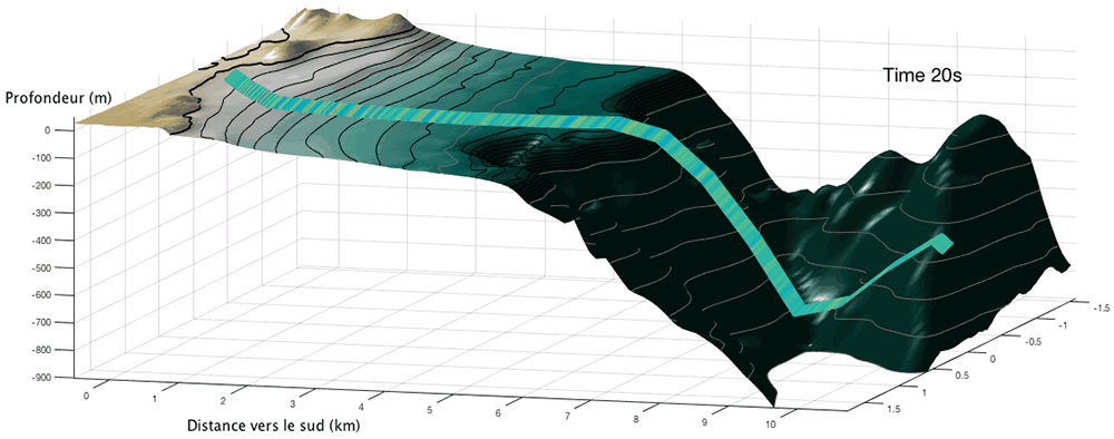 Animation showing the effect of swell recorded along the first eight kilometres of optical fiber. 
&copy; Diane Rivet
