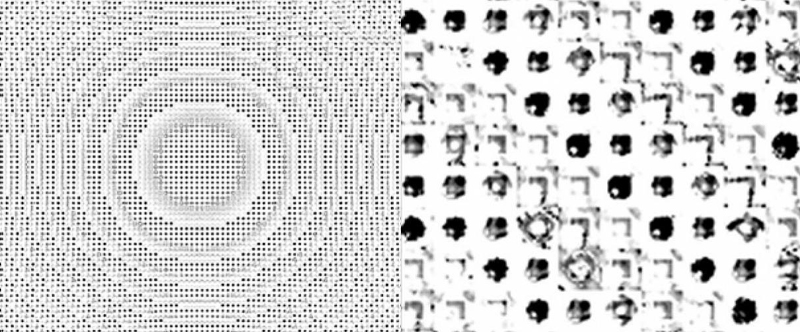 MIT mathematicians have developed a technique that quickly determines the ideal arrangement of millions of individual, microscopic features on a metasurface, to generate a flat lens that manipulates light in a specified way. The team designed a metasurface, at left, etched with millions of features. A zoomed-in image of the lens, right, shows individual features, each etched in a specific way so that, together, they produce a desired optical effect. Image: MIT.