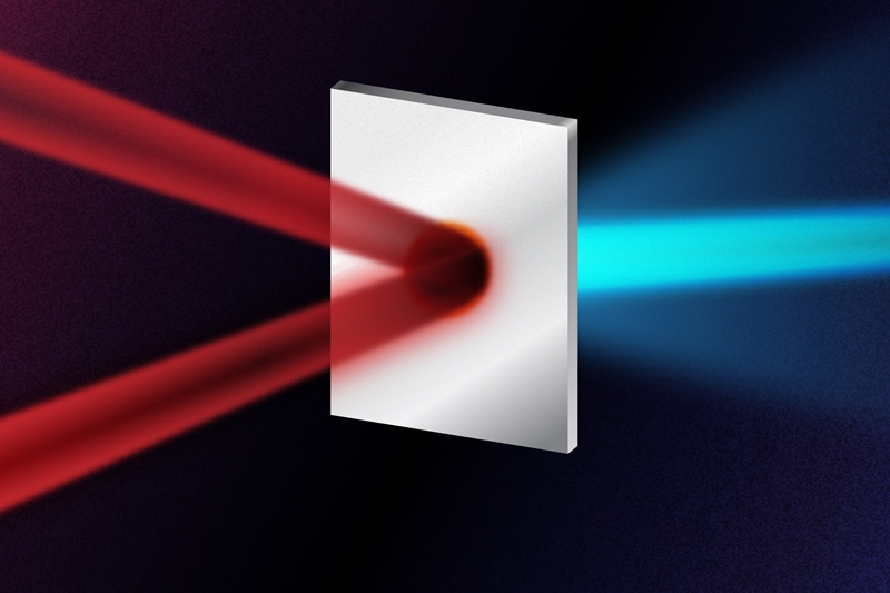 A standard laser-generated proton beam is created through firing a laser pulse at a thin metallic foil. Simulations now suggest that higher energies can be delivered by instead splitting the laser into two less intense pulses, before firing both at the foil from two different angles simultaneously. When the two pulses collide on the foil, the resultant electromagnetic fields heat the foil extremely efficiently. The technique results in higher energy protons - needed for clinical utility - whilst using the same initial laser energy as the standard method. Image: Yen Strandqvist/Chalmers University of Technology.