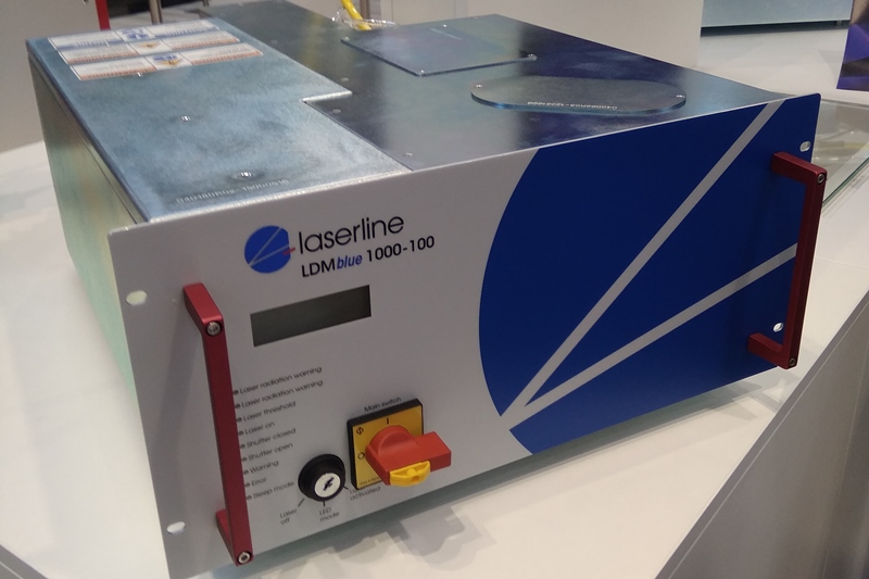 Intended for future applications in copper and gold metal processing primarily, Laserline has built this kilowatt-scale blue diode laser system around 445nm emitter bars produced by its development project partner Osram Opto Semiconductors. The design is said to have an ex-fiber wall-plug efficiency of 25 per cent.