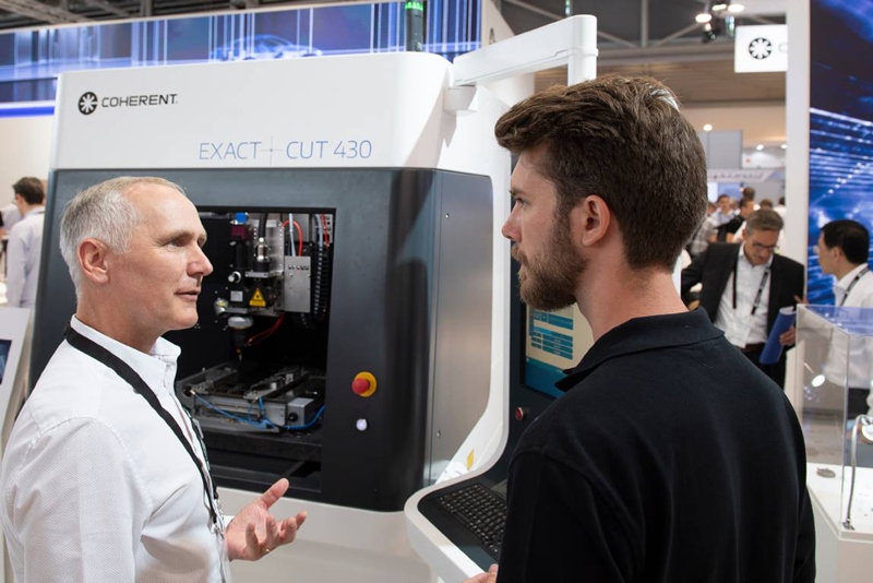 A laser cutting machine at Coherent's booth during the recent LASER World of Photonics trade show in Munich, Germany. The Californian firm's long-time CEO John Ambroseo is warning that the fiber laser market looks likely to follow the same path as the solar cell, LED, and LCD sectors - and increasingly into the hands of lower-cost Chinese competitors. Photo: Messe M&uuml;nchen.