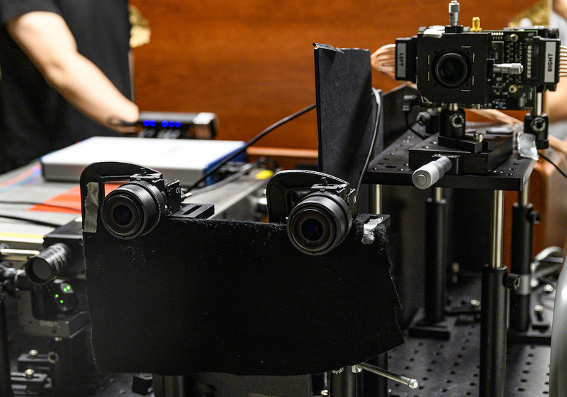 Camera setup in the Computational Optics lab is designed to create non-line-of-sight images using reflected laser light. Pictured here are components of the laser projection system. Photo: Bryce Richter.