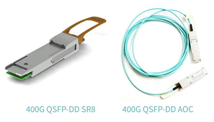 Dust Photonics's products enable optical connectivity for data centers, high performance computing and enterprise applications. (Left) its 400G QSFP-DD SRB transceiver; and (right) the 400G QSFP-DD active optical cable. Images: Dust Photonics.