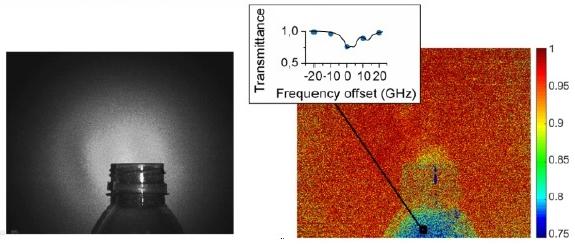 Hyperspectral images of ammonia gas escaping from a bottle. The left image shows a photograph of the scene while the right image shows a map of ammonia transmittance extracted from a single interferogram. The inset shows the spectral response measured by the system at a particular pixel. Credit: Pedro Mart&iacute;n-Mateos, Universidad Carlos III de Madrid.