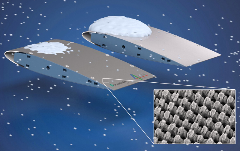De-icer: Direct Laser Interference Patterning (DLIP) can create complex, meandering surface structures on the micron and submicron scale to decrease ice accumulation and accelerate de-icing. &copy; Fraunhofer IWS Dresden