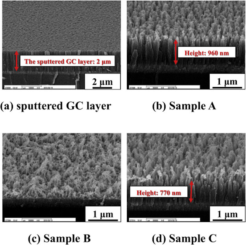Scanning electron microscopy images of an anti-reflective thin film produced using the bio-inspired nanostructured mold. Credit: Jun Taniguchi/Tokyo University of Science.