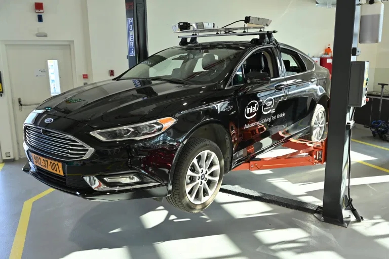 A Mobileye autonomous development vehicle with Luminar lidar sensors on display at Mobileye's Investor Day in 2019. Photo: Walden Kirsch/Intel Corporation.
