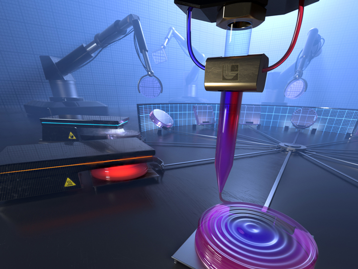 Artistic rendering of an aspirational future automated production process for custom GRIN optics, showing multi-material 3D printing of a tailored composition optic preform, conversion to glass via heat treatment, polishing and inspection of the final optics with refractive index gradients. Image by Jacob Long and Brian Chavez.