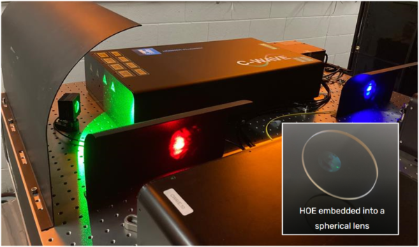 A broad colour palette from three tunable H&uuml;bner Photonics sources. The blue and red light in the foreground comes from two C-WAVES. META's new GTR in the background supplies tunable green light in a wavelength range that was previously inaccessible. Image: Metamaterial Inc.