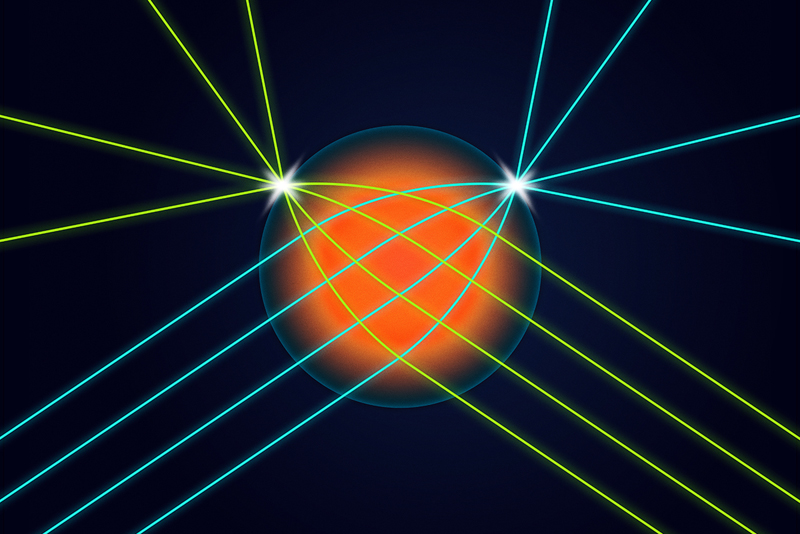 Illinois researchers developed a spherical lens that allows light coming into the lens from any direction to be focused into a very small spot on the surface of the lens exactly opposite the input direction. This is the first time such a lens has been made for visible light.
Graphic by Michael Vincent / University of Illinois UC.
