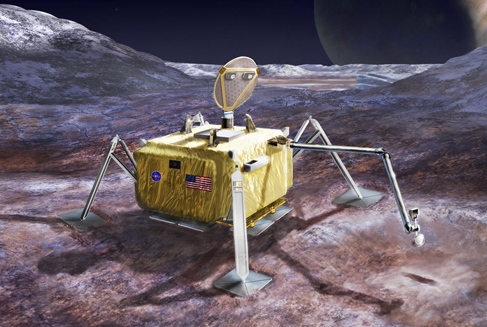 An artist's impression of the conceptual design for a potential future mission to land a robotic probe on the surface of Jupiter's moon Europa. For the probe, Los Alamos National Laboratory was designing the 